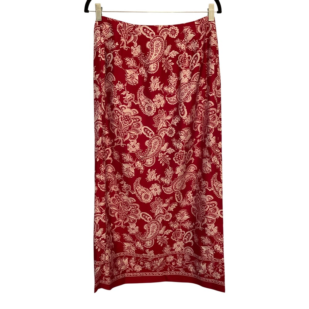 Talbots Vintage Paisley Wrap Maxi Skirt Womens 10 Red White Floral Made in USA - Picture 2 of 7